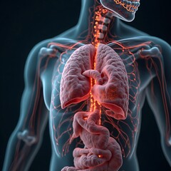 Human Body Anatomy Showing Digestive System and Lungs in Red