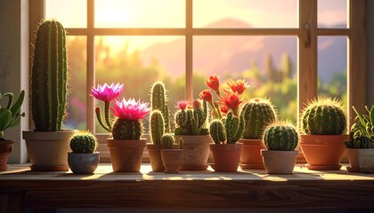 A collection of potted cacti with colorful blooms sits on a wooden windowsill, bathed in warm sunlight against a blurred mountain backdrop