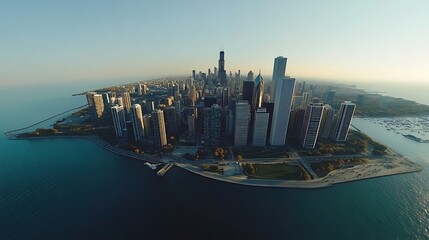 Obraz premium Wide angle panoramic skyline of chicago cityscape with tall skyscrapers picture