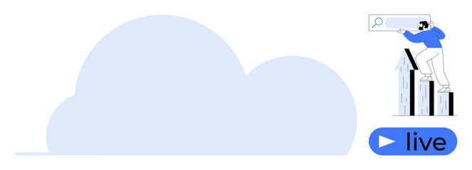 Person searching analytics on graph bars beside cloud and live broadcast button. Ideal for data, growth, technology, cloud computing, live streaming, business, online tools. Simple flat metaphor