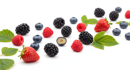 Fresh Mixed Berries with Green Leaves on White Background