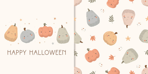 Seamless pattern with cute pumpkins. Halloween autumn background. Pastel color. Design for fabric, textile, kids and baby apparel, wrapping paper, wallpaper and etc