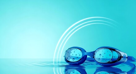 Blue Swimming Goggles on Glossy Water with Droplets