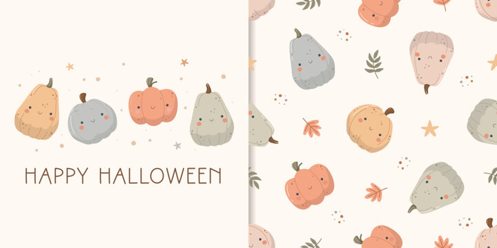Fototapeta Seamless pattern with cute pumpkins. Halloween autumn background. Pastel color. Design for fabric, textile, kids and baby apparel, wrapping paper, wallpaper and etc
