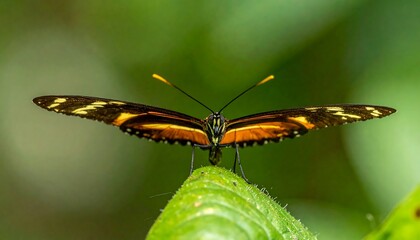 Obraz premium A colorful butterfly with open wings perched on a green leaf, set against a blurry green background