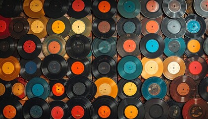 A colorful, close-up wall display composed of numerous vintage vinyl records in various states of condition
