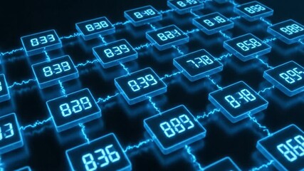 Digital network grid with glowing blue squares displaying numbers, representing data flow and connections - Powered by Adobe