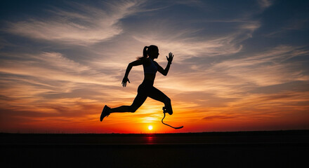 Silhouette of athlete with prosthetic leg running, empowerment and strength