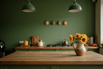 Warm and inviting kitchen with sunflowers on a wooden countertop and green walls