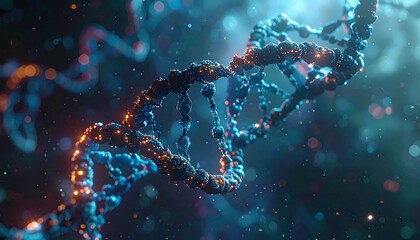 A close-up, glowing depiction of a DNA double helix against a dark, blurred background, with strands illuminated
