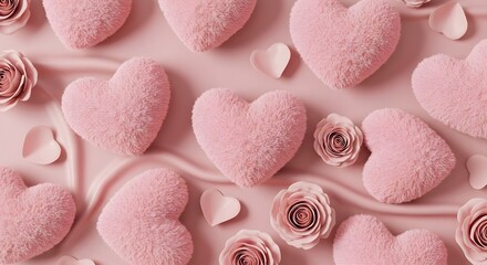 Fototapeta premium Pastel Love-Themed Flat Lay Featuring Heart Pillows and Roses on Pink Background