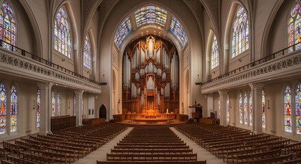 Fototapeta premium Grand Church Interior with Pipe Organ and Stained Glass Windows in Soft Light