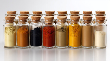 Colorful display of various spices arranged in glass jars on a white background showcasing culinary diversity