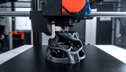 A close-up of a 3D printer in operation, creating a complex, intricate, gray sculpture on a flat surface. The printer's nozzle is actively dispensing material