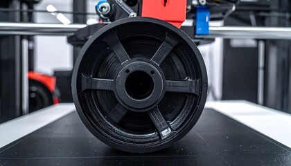 A close-up of a black filament spool within a 3D printer, focusing on its radial spoke design