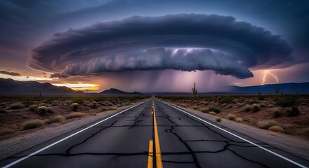 Dramatic Desert Roadscape Under a Menacing Thunderstorm at Dusk