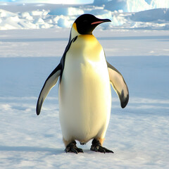 Obraz premium Penguin standing upright on an icy shore, full body and feet visible, Antarctic backdrop.