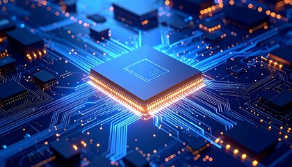 A close-up of a central processing unit (CPU) with glowing blue circuits. Digital pathways connect components, suggesting advanced technology