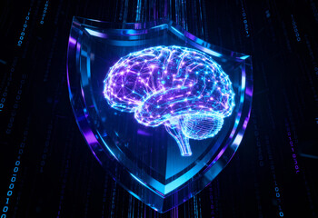 Digital Brain with Cybersecurity Shield in Futuristic Cyberspace