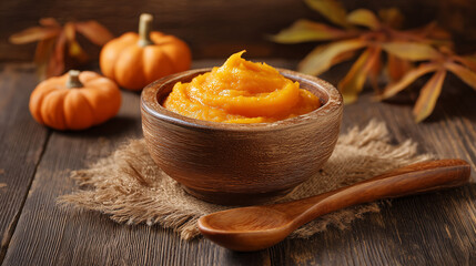 Delicious homemade pumpkin puree in a rustic bowl with small pumpkins and autumn leaves on a wooden table