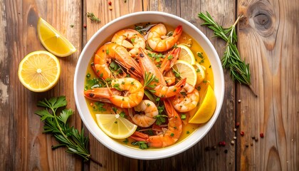 A close-up of a flavorful shrimp and lemon dish in a white bowl on a rustic wooden surface, garnished with herbs