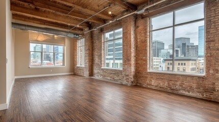 Fototapeta premium Bright Empty Loft Apartment with Exposed Brick Walls and Hardwood Floors in Urban Setting