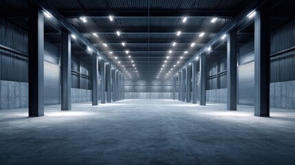 Expansive Empty Warehouse Interior with Concrete Floor, Steel Pillars, and Modern Lighting System