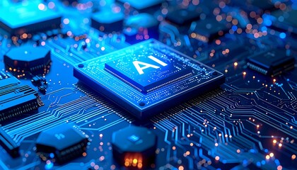 A close-up of a glowing circuit board with "AI" on the main processing unit, suggesting future technology and processing