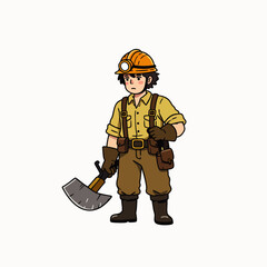 Fototapeta premium A determined cartoon miner stands ready with his pickaxe, wearing a hard hat and protective gear, embodying hard work and industry in a charming illustration.