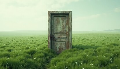 Mysterious weathered door stands open in vast green meadow, inviting discovery and new beginnings