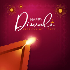 Happy Diwali celebration with a glowing diya lamp, fireworks, and rangoli design on a purple background, wishing you a joyous and prosperous festival of lights