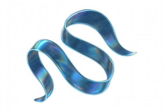 Spinning azure ribbon revealing iridescent sheen, curving gracefully over transparent surface with luminous, fluid motion
