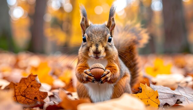 A cute red squirrel holding a nut in an autumn forest with colorful leaves.