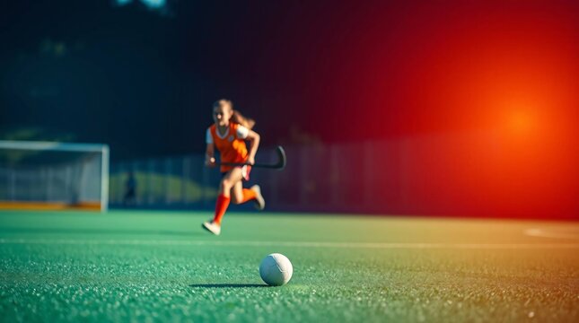 Field hockey game with player in summer time with ball