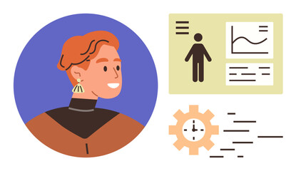 Person portrait beside data chart, profile information, and clock cogwheel symbolizing organization, data analysis, productivity, personal branding, modern tech, business development, simple flat