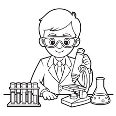 Young Scientist in Lab Cartoon &ndash; Microscope and Test Tube Line Art Illustration for STEM Education