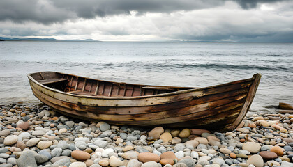 Old wooden boat rests on pebble beach under dramatic sky. Calm sea with gentle waves meets shoreline. Tranquil scene evokes feelings of history, adventure, and peaceful voyages