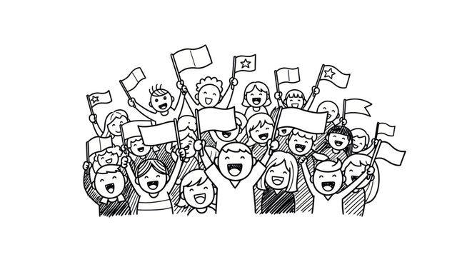 Cheerful Crowd Waving Flags and Holding Signs in a Hand-Drawn Style Illustration.