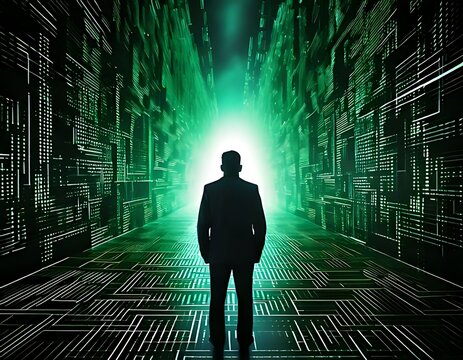 Businessman in digital corridor - Powered by Adobe