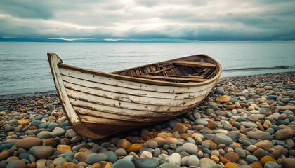 Old wooden boat rests on pebble beach under dramatic sky. Calm sea with gentle waves meets shoreline. Tranquil scene evokes feelings of history, adventure, and peaceful voyages