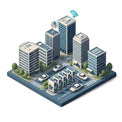 Smart city isometric illustration showcasing electric vehicle charging stations, connected buildings, and wireless communication infrastructure.