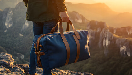 Person holds gray duffel bag at sunset over mountains. This image offers copy space for promotions. High-quality, user-friendly outdoor adventure photography showcases travel and exploration themes
