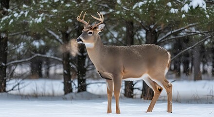 Majestic buck deer stands proudly in snowy winter forest scene.