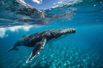 Fototapeta premium Humpback whale surfacing in deep blue ocean