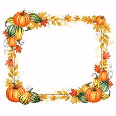 Decorative frame with pumpkins and gourds, autumn leaves, isolated on white background