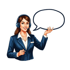 Smiling businesswoman in a suit, wearing headphones, holding a blank speech bubble.