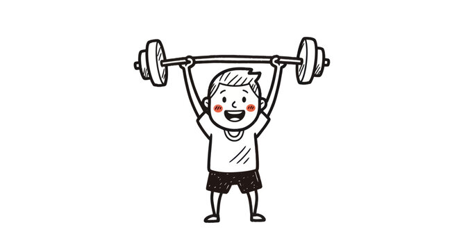 Cartoon Boy Lifting a Heavy Barbell Overhead with Determination and a Smile.