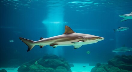 Obraz premium Shark swimming underwater in a large aquarium.