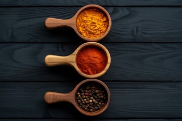 Three wooden spoons filled with colorful spices arranged vertically on a dark wooden background