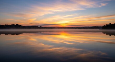 Fototapeta premium Serene Sunrise Over Calm Lake Reflecting Fiery Sky and Wispy Clouds.